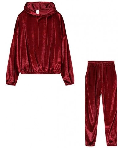 Sweatshirts for Women Two Piece Set Fall Casual Drop Shoulder Sleeve Hoodies and Drawstring Pants Velour Tracksuits ☽01_wine ...