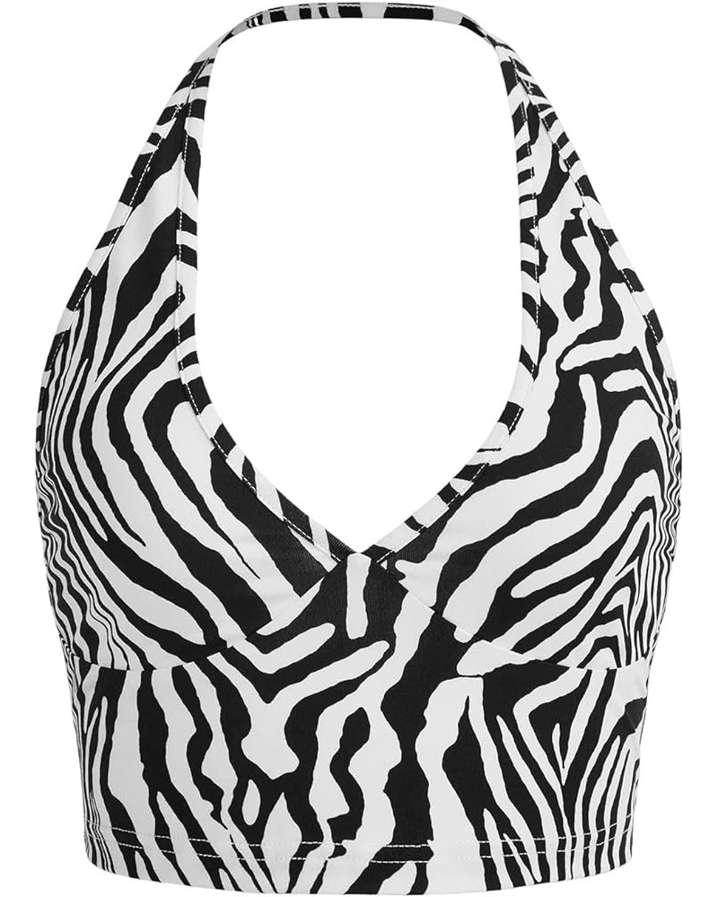 Women's Basic Sleeveless Open Back Slim Fitted Ribbed Crop Halter Top Black and White $10.81 Tanks