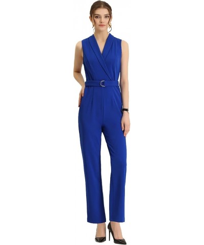 Women's Elegant Office Work Sleeveless Belted Long Jumpsuit Romper Royal Blue $27.83 Jumpsuits