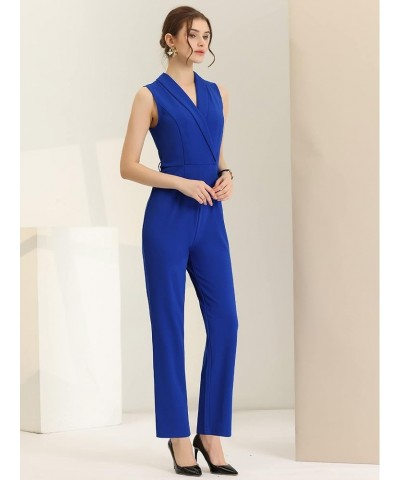 Women's Elegant Office Work Sleeveless Belted Long Jumpsuit Romper Royal Blue $27.83 Jumpsuits