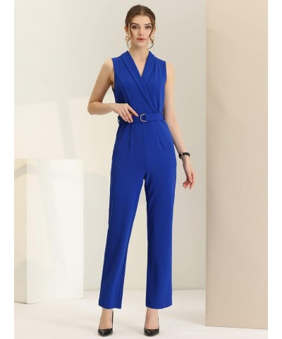 Women's Elegant Office Work Sleeveless Belted Long Jumpsuit Romper Royal Blue $27.83 Jumpsuits