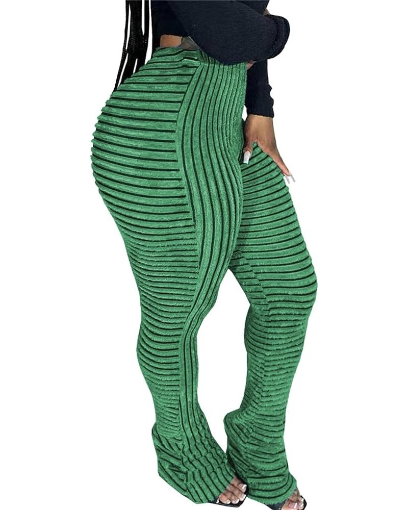 Women Stacked Pants Flare Sweatpants High Waisted Striped Fuzzy Lounge Butt Lifting Leggings Green $16.40 Leggings