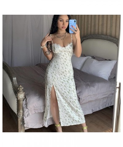 Women's Floral Spaghetti Strap Cami Dress Eyelash Lace Trim Side Slit Bodycon Midi Dress D269179g-green $12.32 Dresses