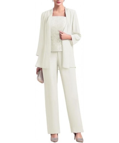 Chiffon 3 Pcs Mother of The Bride Pant Suits Lace Grandmother Formal Evening Wedding Guest Groom Dresses with Jacket Ivory $2...