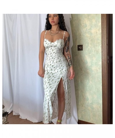 Women's Floral Spaghetti Strap Cami Dress Eyelash Lace Trim Side Slit Bodycon Midi Dress D269179g-green $12.32 Dresses