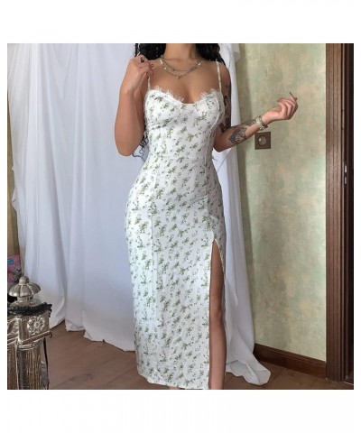 Women's Floral Spaghetti Strap Cami Dress Eyelash Lace Trim Side Slit Bodycon Midi Dress D269179g-green $12.32 Dresses