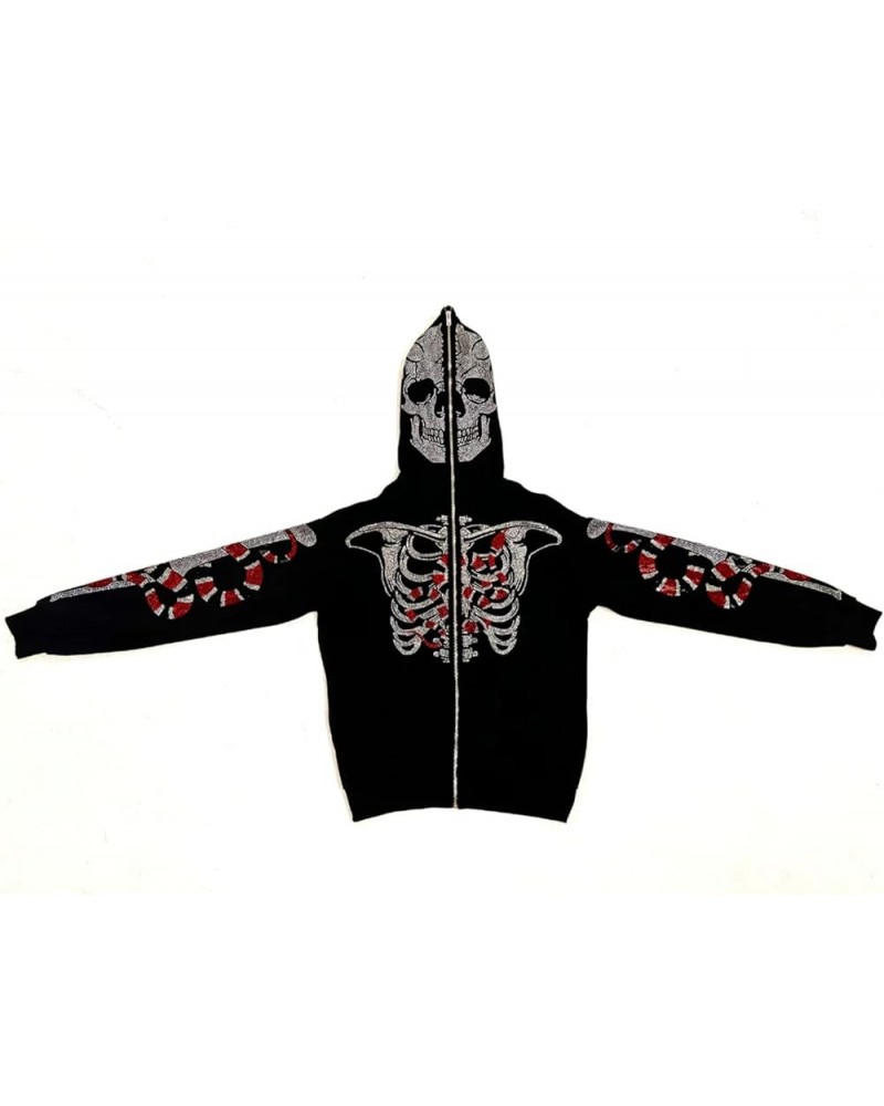 Y2k Women Men Rhinestone Skeleton Hoodies Zip Up Spider Punk Jacket Oversized Sweatshirt Gothic Streetwear Black Red $11.30 H...