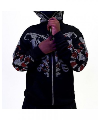 Y2k Women Men Rhinestone Skeleton Hoodies Zip Up Spider Punk Jacket Oversized Sweatshirt Gothic Streetwear Black Red $11.30 H...