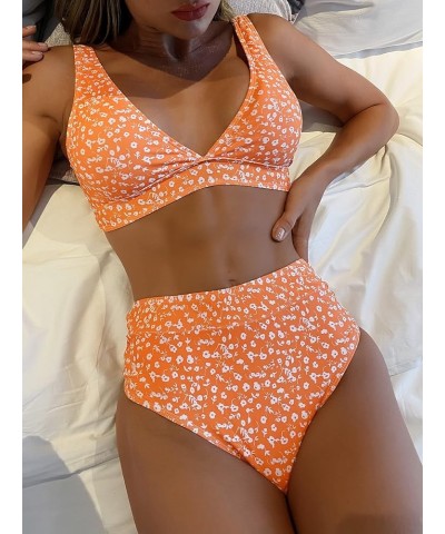 Women's High Waist Bikini Swimsuit Floral Print V Neck Bathing Suit Orange $17.04 Swimsuits