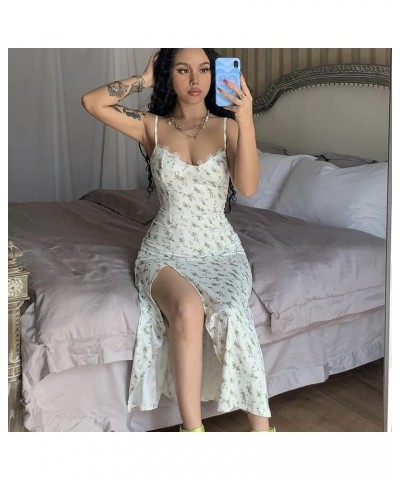 Women's Floral Spaghetti Strap Cami Dress Eyelash Lace Trim Side Slit Bodycon Midi Dress D269179g-green $12.32 Dresses