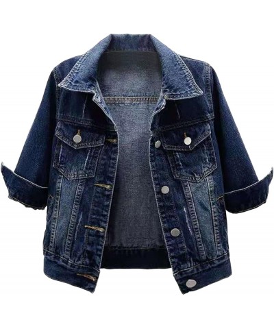 Womens 3/4 Sleeve Short Denim Jacket Lapel Button Down Cropped Trucker Jean Jackets Coats Dark Blue $19.59 Jackets