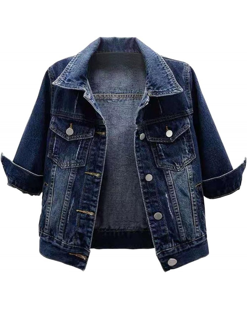 Womens 3/4 Sleeve Short Denim Jacket Lapel Button Down Cropped Trucker Jean Jackets Coats Dark Blue $19.59 Jackets