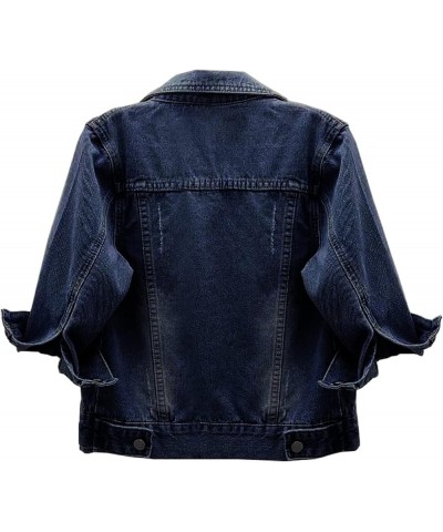 Womens 3/4 Sleeve Short Denim Jacket Lapel Button Down Cropped Trucker Jean Jackets Coats Dark Blue $19.59 Jackets