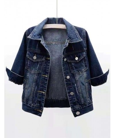 Womens 3/4 Sleeve Short Denim Jacket Lapel Button Down Cropped Trucker Jean Jackets Coats Dark Blue $19.59 Jackets