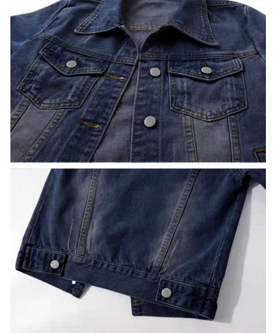 Womens 3/4 Sleeve Short Denim Jacket Lapel Button Down Cropped Trucker Jean Jackets Coats Dark Blue $19.59 Jackets