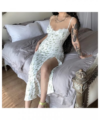 Women's Floral Spaghetti Strap Cami Dress Eyelash Lace Trim Side Slit Bodycon Midi Dress D269179g-green $12.32 Dresses