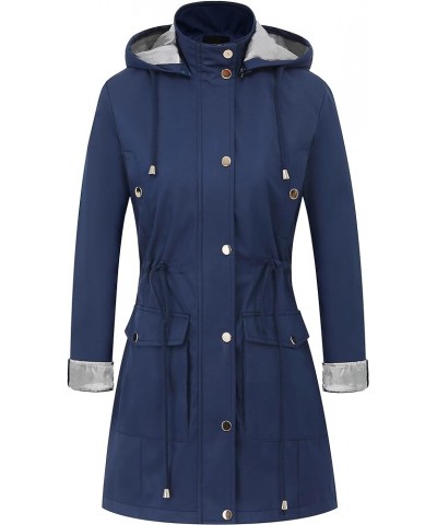 Women's Plus Size Water-Resistant Trench Coat Long Windbreaker Military Jacket with Reflective Removable Hood Navy Blue $18.8...