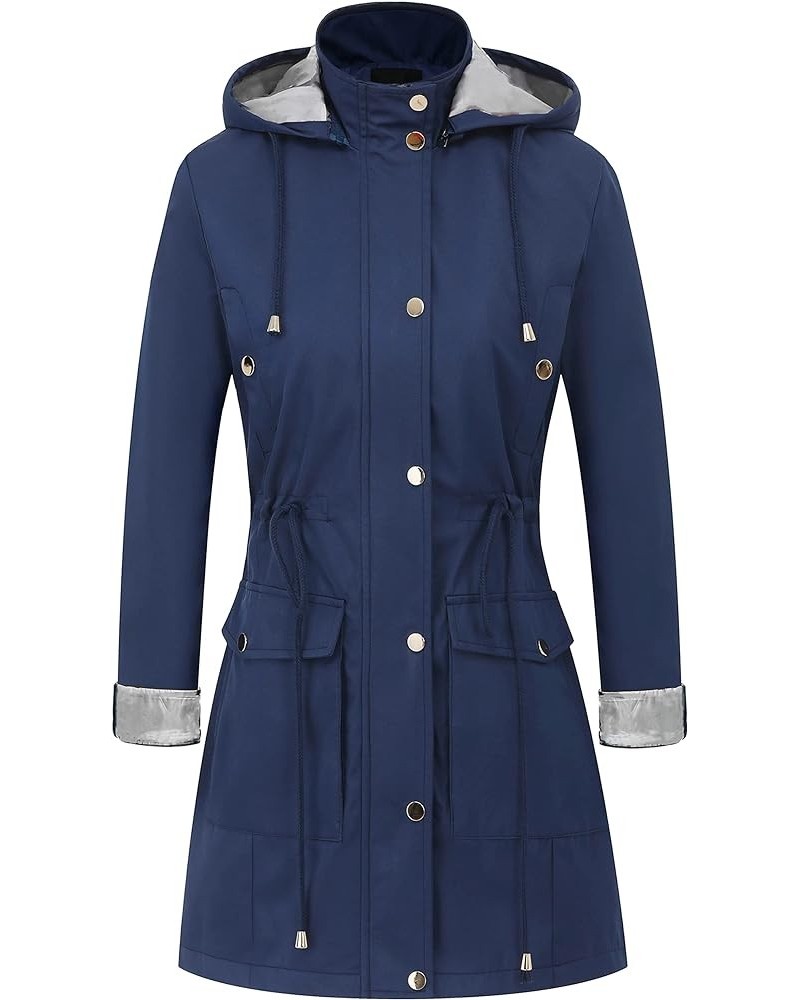 Women's Plus Size Water-Resistant Trench Coat Long Windbreaker Military Jacket with Reflective Removable Hood Navy Blue $18.8...