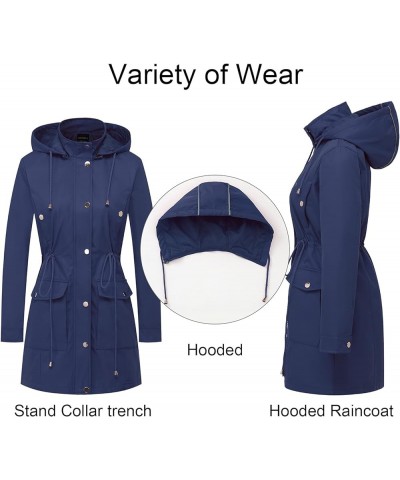 Women's Plus Size Water-Resistant Trench Coat Long Windbreaker Military Jacket with Reflective Removable Hood Navy Blue $18.8...