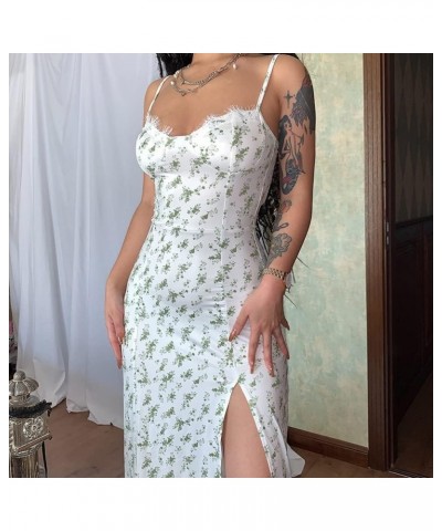 Women's Floral Spaghetti Strap Cami Dress Eyelash Lace Trim Side Slit Bodycon Midi Dress D269179g-green $12.32 Dresses