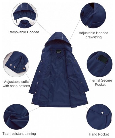 Women's Plus Size Water-Resistant Trench Coat Long Windbreaker Military Jacket with Reflective Removable Hood Navy Blue $18.8...