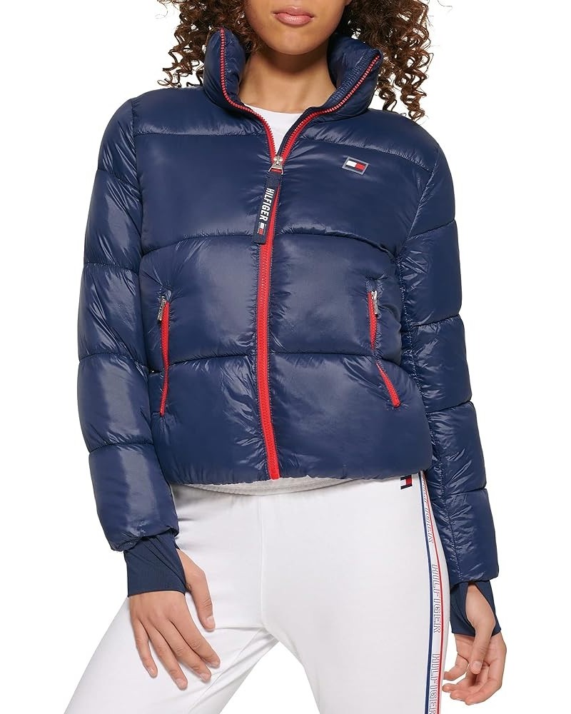 Women's Cropped Fit Thumbholes Cold Weather Full Zip Jacket Navy $36.45 Jackets