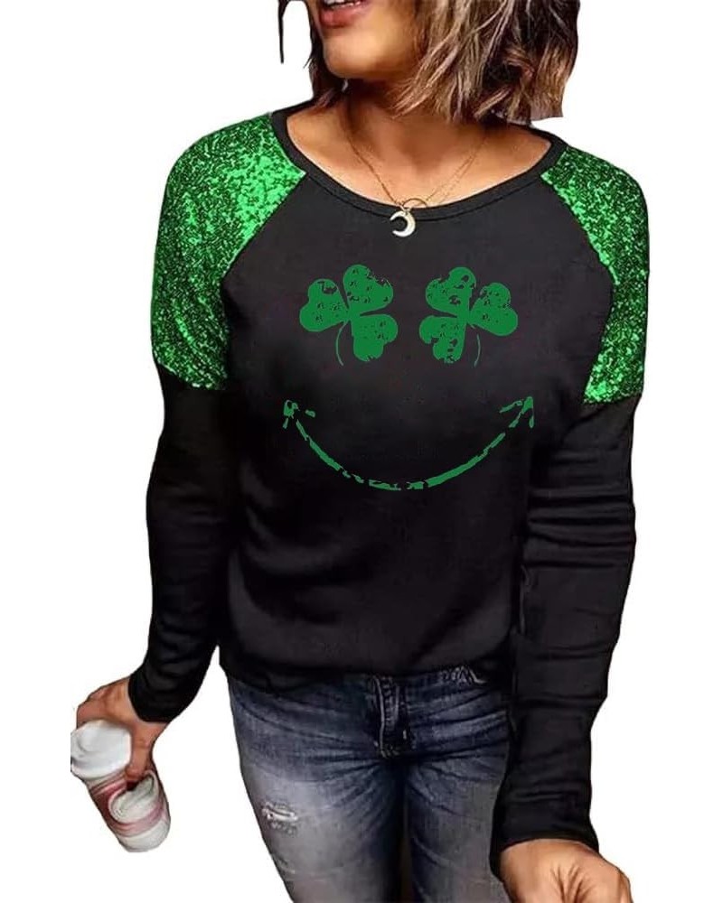 St. Patrick's Day T-Shirt Womens Funny Shamrock Printed Sequined Splicing Sleeve Casual Lucky Clover Heart Graphic Tee Tops B...