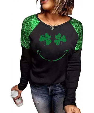 St. Patrick's Day T-Shirt Womens Funny Shamrock Printed Sequined Splicing Sleeve Casual Lucky Clover Heart Graphic Tee Tops B...