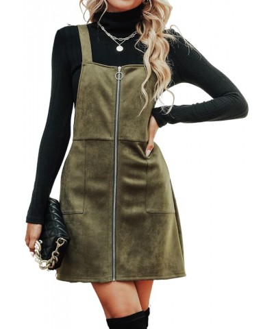 Women's Dress Square Neck Pull-Ring Zipper Front Straps Autumn Warm Casual Faux Suede Mini Dresses Dark Green $23.77 Dresses