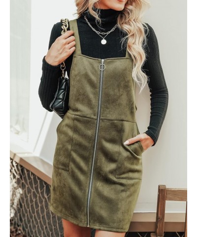 Women's Dress Square Neck Pull-Ring Zipper Front Straps Autumn Warm Casual Faux Suede Mini Dresses Dark Green $23.77 Dresses