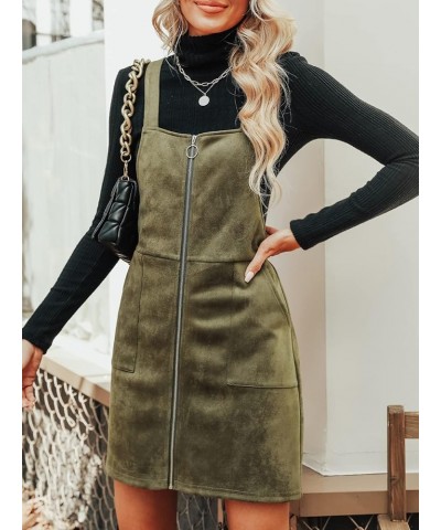 Women's Dress Square Neck Pull-Ring Zipper Front Straps Autumn Warm Casual Faux Suede Mini Dresses Dark Green $23.77 Dresses