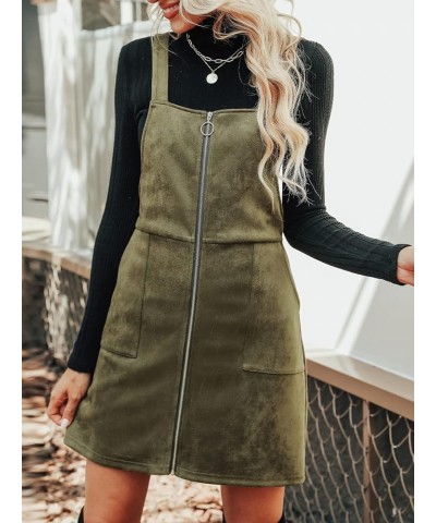 Women's Dress Square Neck Pull-Ring Zipper Front Straps Autumn Warm Casual Faux Suede Mini Dresses Dark Green $23.77 Dresses