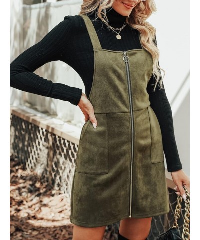 Women's Dress Square Neck Pull-Ring Zipper Front Straps Autumn Warm Casual Faux Suede Mini Dresses Dark Green $23.77 Dresses