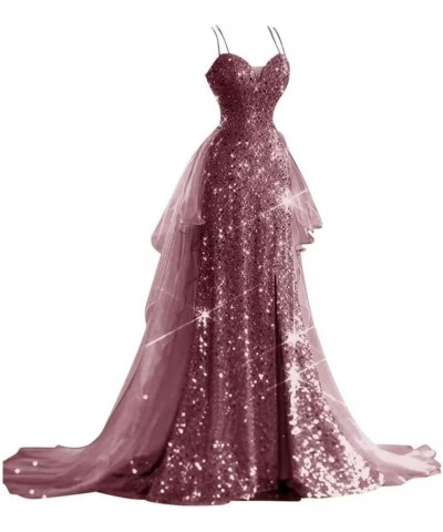 Sparkly Sequin Prom Dresses Long Ball Gown for Women Tulle Spaghetti Strap Formal Party Gowns with Slit Mauve $36.90 Dresses