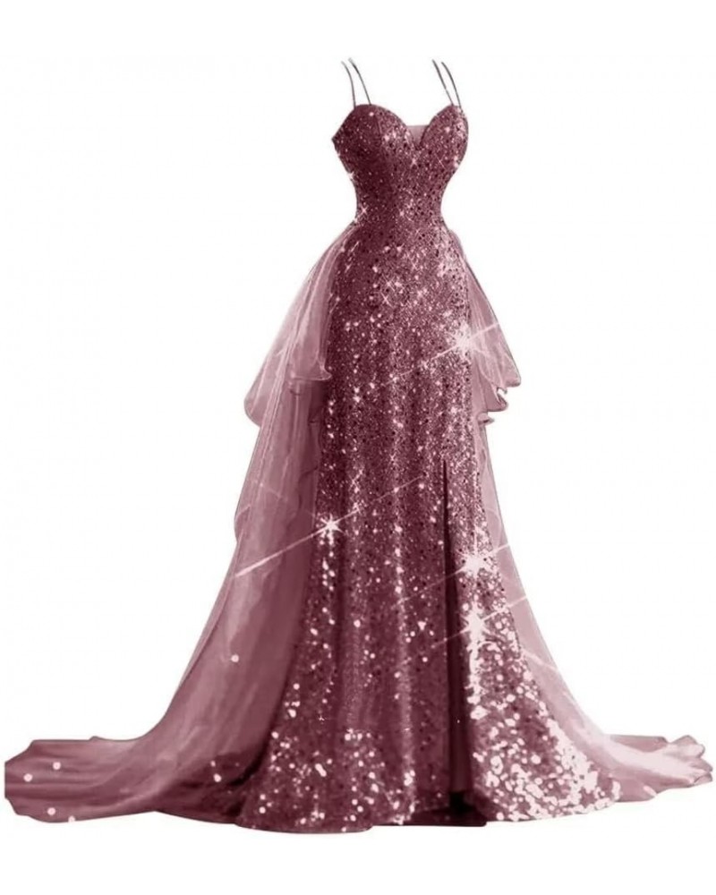 Sparkly Sequin Prom Dresses Long Ball Gown for Women Tulle Spaghetti Strap Formal Party Gowns with Slit Mauve $36.90 Dresses