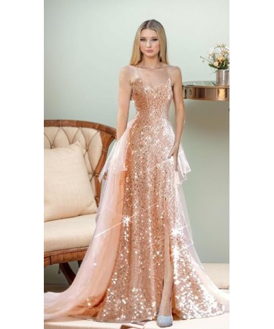 Sparkly Sequin Prom Dresses Long Ball Gown for Women Tulle Spaghetti Strap Formal Party Gowns with Slit Mauve $36.90 Dresses