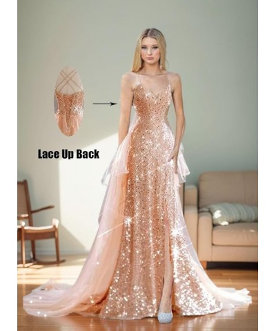 Sparkly Sequin Prom Dresses Long Ball Gown for Women Tulle Spaghetti Strap Formal Party Gowns with Slit Mauve $36.90 Dresses