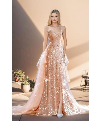 Sparkly Sequin Prom Dresses Long Ball Gown for Women Tulle Spaghetti Strap Formal Party Gowns with Slit Mauve $36.90 Dresses