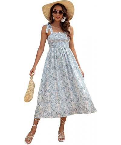 Women's Summer Boho Dress Floral Print Spaghetti Strap Square Neck Shirred Maxi Dress Beach Sun Dress Multi Blue and White $2...