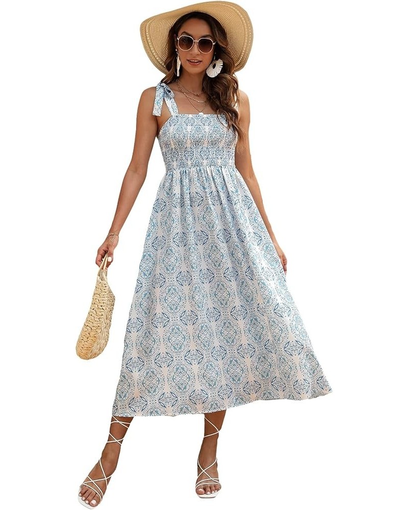 Women's Summer Boho Dress Floral Print Spaghetti Strap Square Neck Shirred Maxi Dress Beach Sun Dress Multi Blue and White $2...