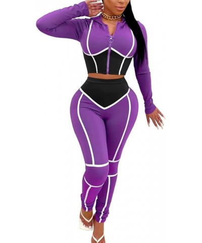 Women Color Block Tracksuit Club Leggings Set 2 Piece Striped Outfits Purple $21.99 Activewear