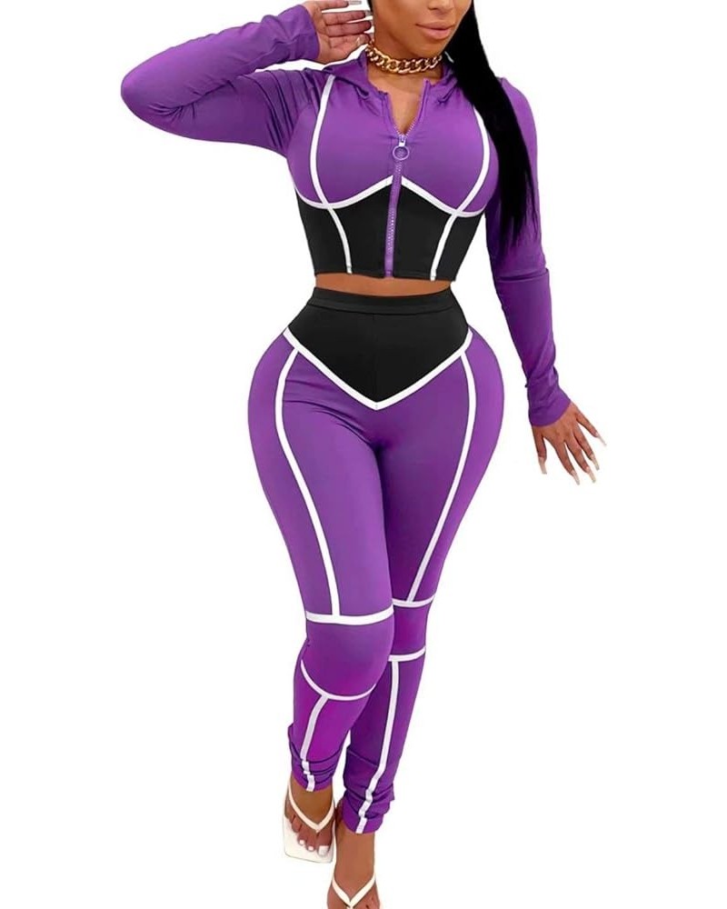 Women Color Block Tracksuit Club Leggings Set 2 Piece Striped Outfits Purple $21.99 Activewear