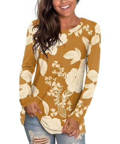 Women's 2024 Fall Winter T-Shirts Casual Long Sleeve Crewneck Tunic Tops Loose Comfy Blouse Brown Hibiscus $14.49 Tops