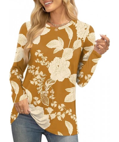 Women's 2024 Fall Winter T-Shirts Casual Long Sleeve Crewneck Tunic Tops Loose Comfy Blouse Brown Hibiscus $14.49 Tops