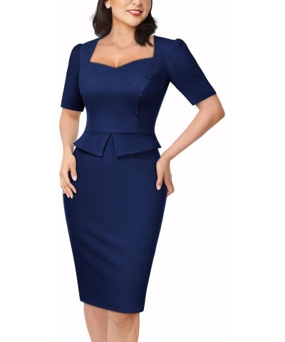 Women's Retro Square Neck Short Sleeve Slim Work Pencil Dress Z-a-navy Blue $23.39 Dresses