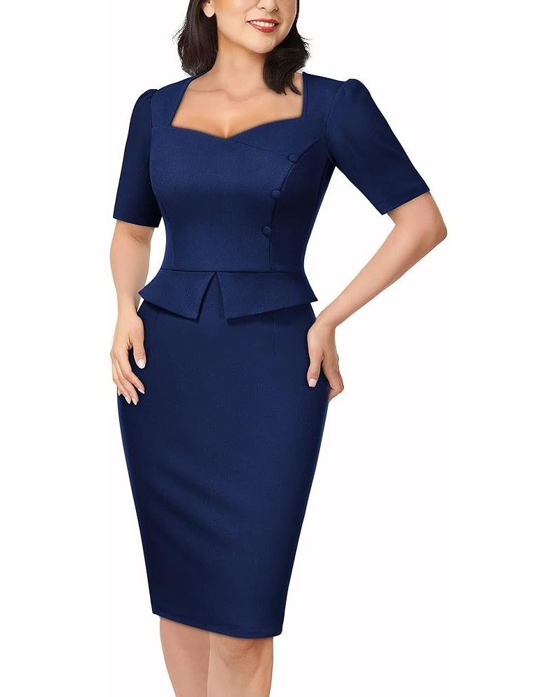 Women's Retro Square Neck Short Sleeve Slim Work Pencil Dress Z-a-navy Blue $23.39 Dresses