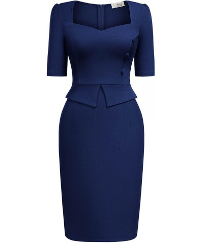 Women's Retro Square Neck Short Sleeve Slim Work Pencil Dress Z-a-navy Blue $23.39 Dresses