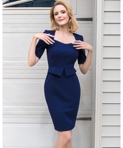 Women's Retro Square Neck Short Sleeve Slim Work Pencil Dress Z-a-navy Blue $23.39 Dresses