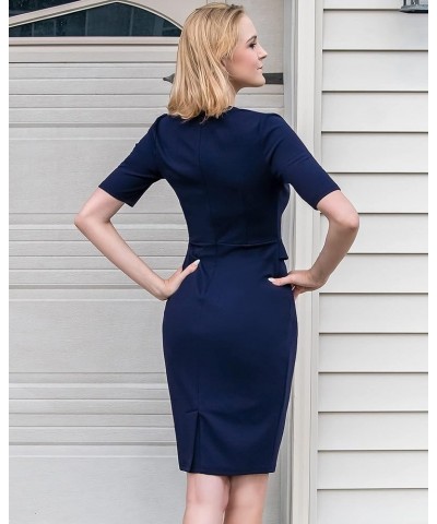 Women's Retro Square Neck Short Sleeve Slim Work Pencil Dress Z-a-navy Blue $23.39 Dresses