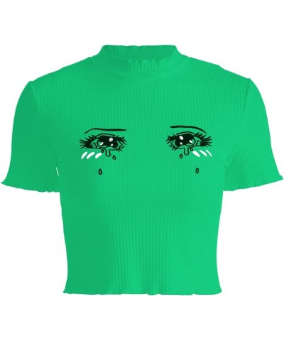 Women Eyes Embroidery T-Shirts Harajuku Kawaii Short Sleeve Crop Tees Green $10.75 T-Shirts